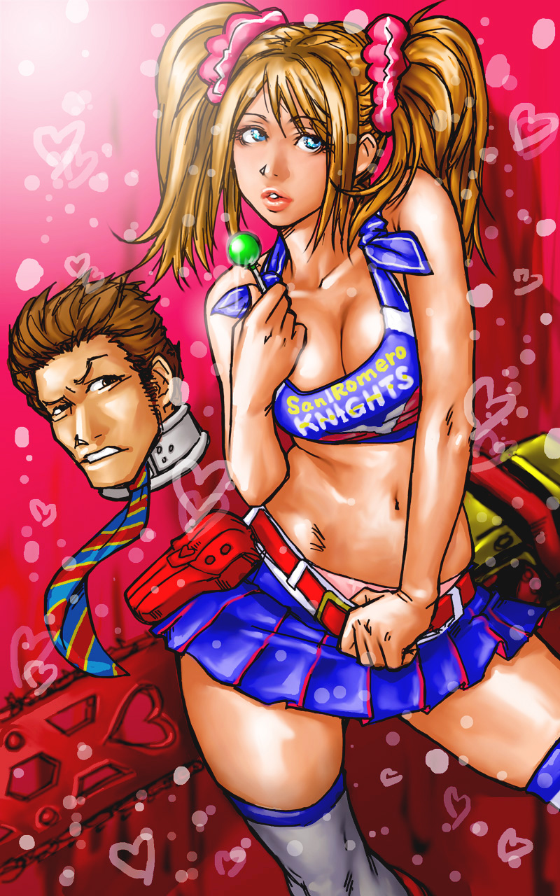 1boy 1girl bare_shoulders belt blonde_hair blue_eyes breasts brown_eyes brown_hair candy chainsaw cheerleader cleavage clothes_writing couple crop_top female food grasshopper_manufacture heart highres juliet_starling juliet_sterling lips lollipop lollipop_chainsaw long_hair midriff miniskirt necktie nick_carlyle panties pantyshot parted_lips pigtails pink_panties severed_head short_hair short_twintails skirt solo take_(artist) take_(draghignazzo) thighhighs twintails underwear uniform upskirt white_legwear
