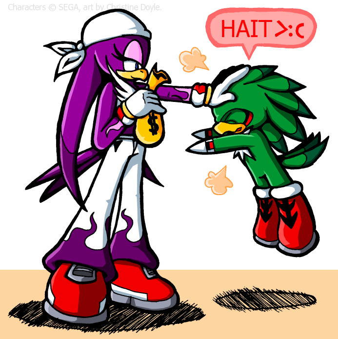 &gt;:( &gt;:c avian bag bandanna beak bird boots chibi clothing cute darkeiya female gloves green green_body half-closed_eyes hawk jet_the_hawk male pants purple purple_body sega sonic_(series) sonic_riders swallow_(bird) wave_the_swallow