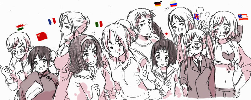 6+girls ahoge america_(hetalia) american_flag annoyed arms_up axis_powers_hetalia bad_hands bangs blazer blush bow bowtie bun_cover china_(hetalia) chinese_clothes closed_eyes crop_top double_bun flag flower france_(hetalia) french_flag frown genderswap genderswap_(mtf) german_flag germany_(hetalia) glasses gloves hair_bun hair_flower hair_ornament hairband hairpin hand_on_head hand_on_hip hand_on_own_chest happy himaruya_hidekazu hungarian_flag hungary_(hetalia) italian_flag jacket japan_(hetalia) japanese_flag jewelry leaning leaning_forward long_hair looking_away midriff monochrome multiple_girls navel necklace necktie northern_italy_(hetalia) official_art one_eye_closed open_mouth people's_republic_of_china_flag petting ponytail puffy_sleeves russia_(hetalia) russian_flag school_uniform serafuku short_hair siblings simple_background sisters smile southern_italy_(hetalia) sweat swept_bangs tank_top twintails union_jack united_kingdom_(hetalia) v wavy_hair