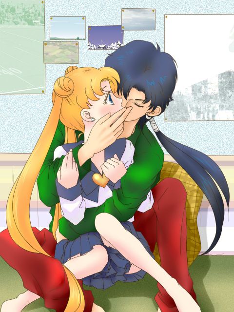 bed bishoujo_senshi_sailor_moon bishoujo_senshi_sailor_moon_sailor_stars black_hair blonde_hair blue_eyes dark_hair earrings embrace eyes_closed hug jewelry jpeg_artifacts kiss kou_seiya long_hair pillow ponytail poster school_uniform schoolgirl teen teenage tsukino_usagi twintails