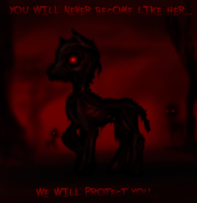 creepypasta crovirus dialog english_text equine glowing glowing_eyes horse male mammal my_little_pony pony red_eyes red_sky story_of_the_blanks text tree undead unknown_pony_(mlp) wood zombie zombie_pony
