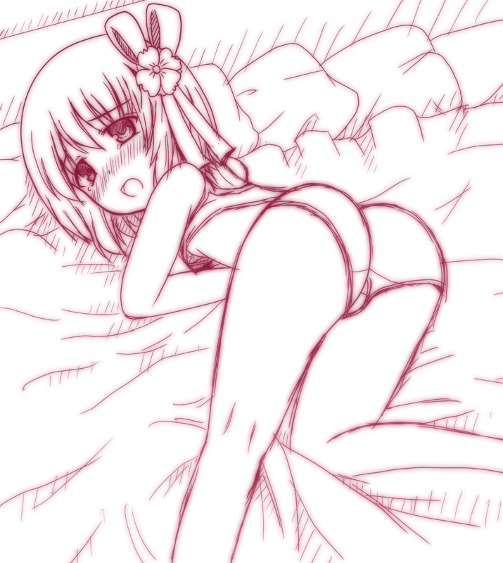 all_fours ass blush bra flat_chest flower from_behind hair_flower hair_ornament hieda_no_akyuu lingerie looking_back monochrome ooki_kino panties short_hair sketch solo top-down_bottom-up touhou underwear underwear_only