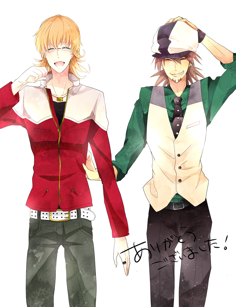 ^_^ bad_id bad_pixiv_id barnaby_brooks_jr belt blonde_hair bracelet brown_eyes brown_hair cabbie_hat closed_eyes dandel facial_hair glasses hand_on_headwear hat jacket jewelry kaburagi_t_kotetsu male_focus multiple_boys necklace necktie red_jacket short_hair simple_background stubble studded_belt tiger_&amp;_bunny vest waistcoat watch white_background wristwatch