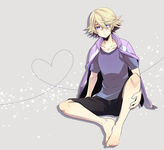 bad_id bad_pixiv_id barefoot blonde_hair ivan_karelin jacket letterman_jacket male_focus moto purple_eyes purple_jacket shirt shorts solo t-shirt tiger_&amp;_bunny