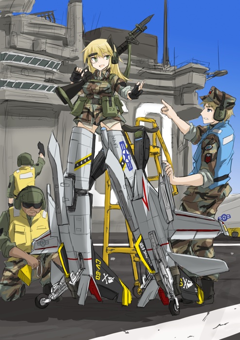 3boys animal_ears assault_rifle bad_id bad_pixiv_id bayonet blonde_hair camouflage dakku_(ogitsune) ear_protection f-14_tomcat fingerless_gloves gloves green_eyes gun landing_gear m16 multiple_boys patricia_mitchell rifle sleeves_rolled_up strike_witches_1991 striker_unit tail uniform weapon world_witches_series