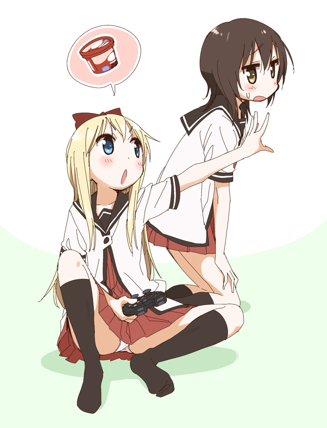 :o black_hair blonde_hair blue_eyes bow brown_eyes controller dress food funami_yui game_controller hair_bow ice_cream long_hair mikami_komata multiple_girls nanamori_school_uniform panties pantyshot pantyshot_(sitting) sailor_dress school_uniform serafuku short_hair sitting spoken_food spoken_object toshinou_kyouko underwear yuru_yuri