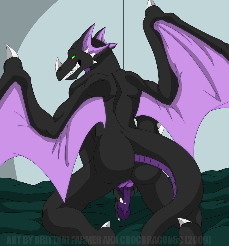 anthro anus balls bed biceps big_muscles big_penis black_dragon black_scales black_skin butt circumcised claws crocdragon89 dragon erection fangs grin handsome horn looking_at_viewer looking_back male muscles nude penis pose presenting purple_body raised_tail scalie sheets solo spreading tail wings zeke_(crocdragon89)