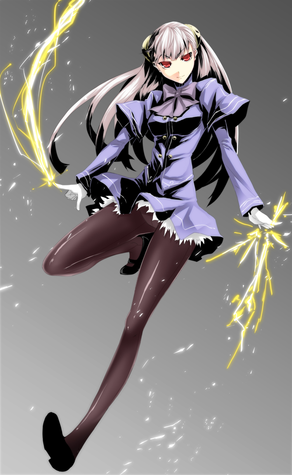 bad_id bad_pixiv_id banned_artist black_legwear capcom_fighting_jam crotch_seam electricity gloves hairpods highres ingrid legs lightning long_hair mary_janes miniskirt panties panties_under_pantyhose pantyhose red_eyes ribbon s_tanly shoes skirt smile solo standing standing_on_one_leg street_fighter underwear white_hair
