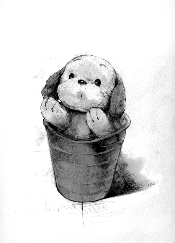 bad_id bad_pixiv_id bucket copyright_request dog greyscale in_container monochrome no_humans nobusnow stuffed_toy