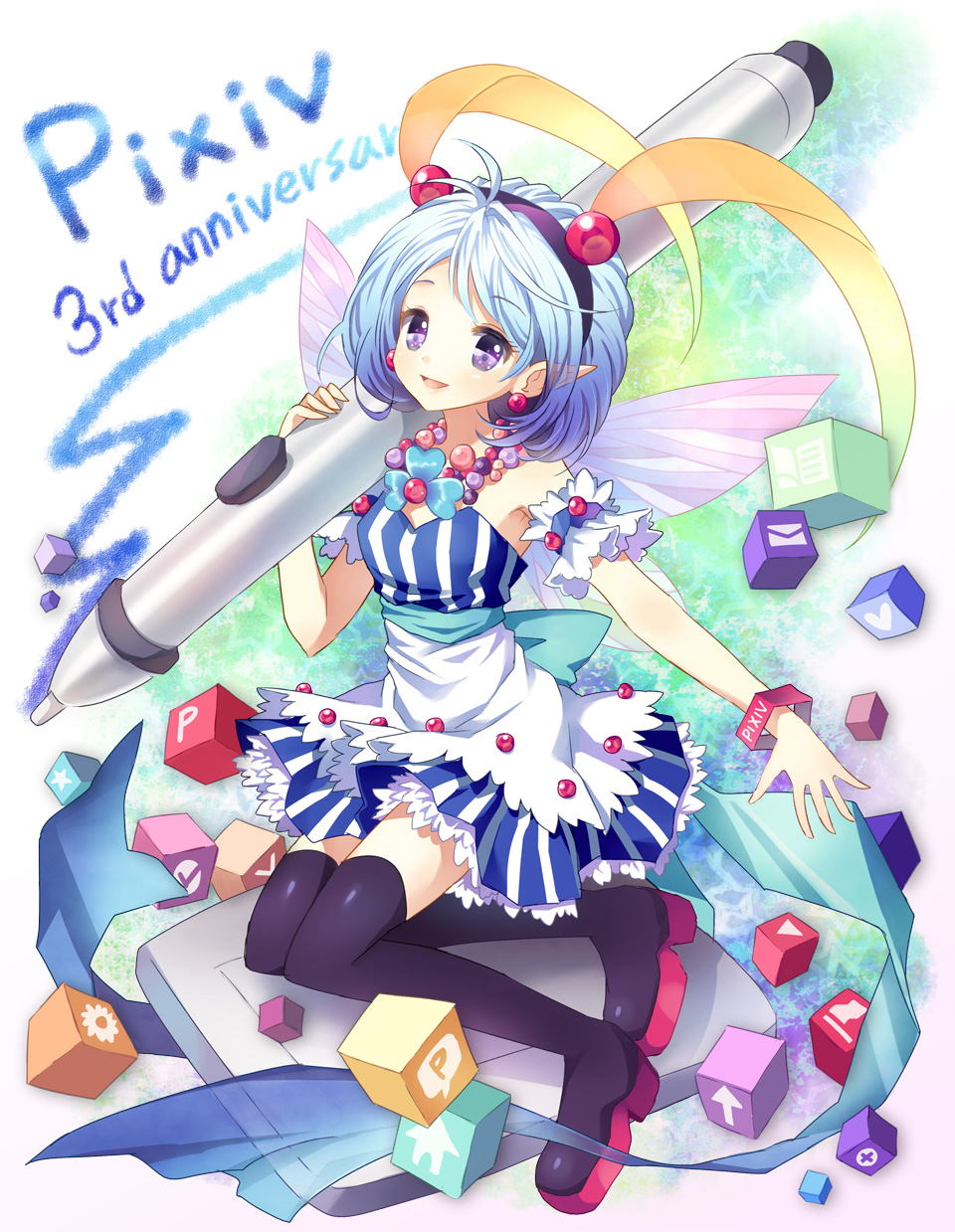 arm_garter blue_hair boots colorful dress earrings fairy_wings floating floating_object hairband highres jewelry mauve necklace pixiv pixiv-tan pointy_ears purple_eyes smile solo stylus thigh_boots thighhighs wings zettai_ryouiki
