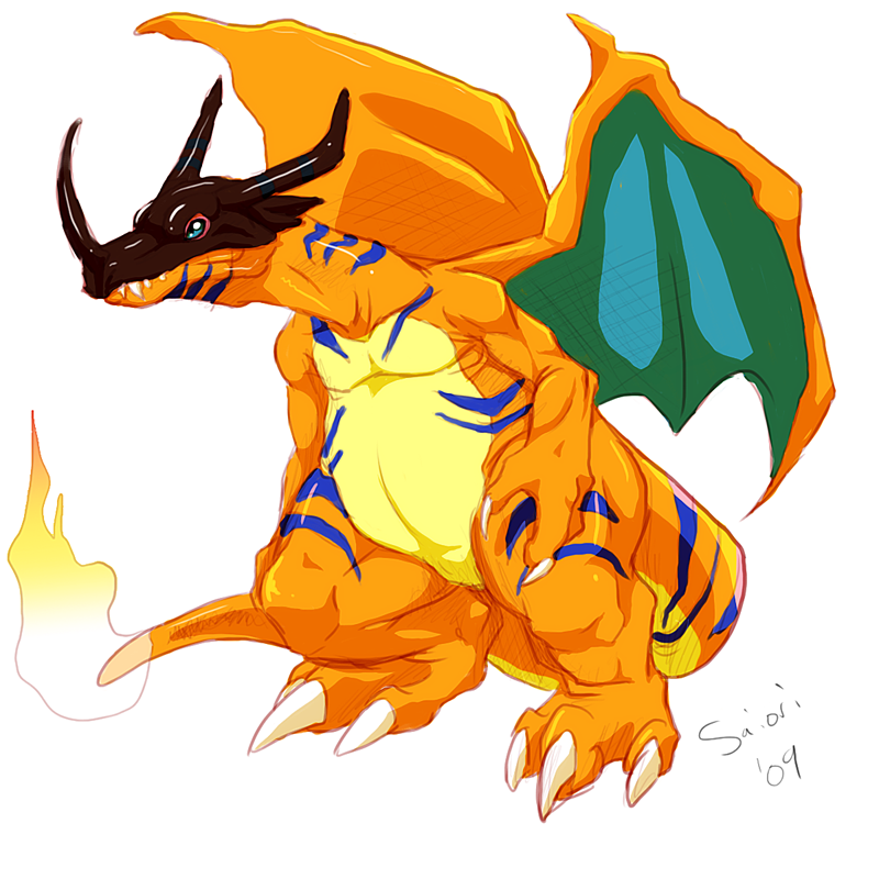 charizard claws crossover digimon fangs fire fusion gen_1_pokemon greymon horns no_humans pokemon pokemon_(creature) wings