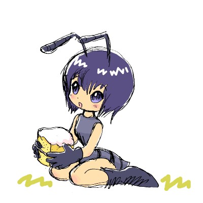 1girl ant ant_girl antennae arthropod bi-nyo blue_eyes blue_hair blush cute female food full_body hair insect insect_girl kneeling lowres monster_girl plain_background pukao purple_eyes purple_hair simple_background sitting smile solo white_background young