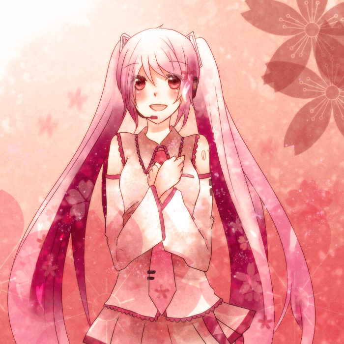 alternate_color blush cherry_blossoms hands_on_own_chest hatsune_miku kseren long_hair object_namesake pink pink_eyes pink_hair sakura_miku skirt solo twintails vocaloid