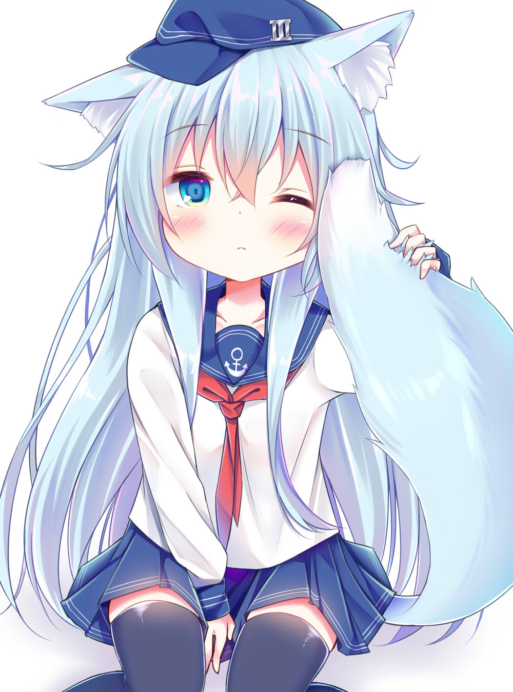 1girl ;( animal_ear_fluff animal_ears bangs between_legs black_legwear blue_eyes blue_hair blue_sailor_collar blue_skirt blush closed_mouth collarbone commentary_request esureki eyebrows_visible_through_hair hair_between_eyes hand_between_legs hand_up head_tilt hibiki_(kantai_collection) highres kantai_collection long_hair long_sleeves one_eye_closed pleated_skirt red_neckwear sailor_collar school_uniform serafuku shadow sitting skirt sleeves_past_wrists solo tail tail_raised thighhighs very_long_hair white_background