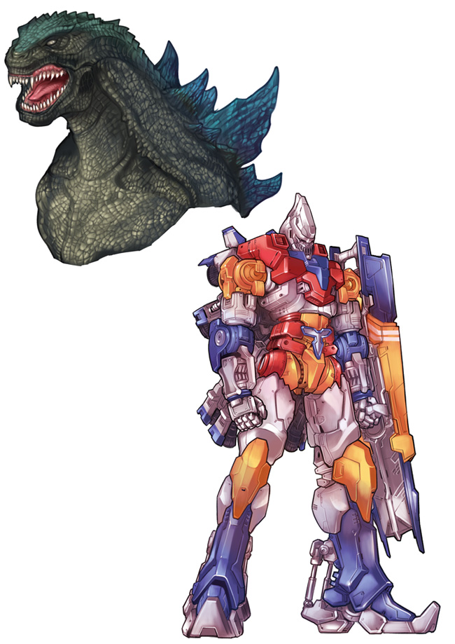 bad_pixiv_id godzilla godzilla_(series) jet_jaguar kaijuu kusagami_style mecha no_humans shield simple_background