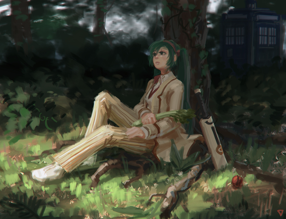 ? ball british celery cosplay cricket cricket_(sport) cricket_bat doctor_who doyora faux_traditional_media fifth_doctor fifth_doctor_(cosplay) formal green_hair hatsune_miku long_hair no_lineart sitting solo tardis the_doctor tree twintails vocaloid