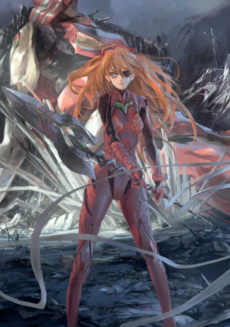 :| archlich bangs blue_eyes bodysuit bracer breasts closed_mouth cross eva_02 evangelion:_3.0_you_can_(not)_redo eyepatch fighting_stance floating_hair foreshortening gloves hair_between_eyes headgear holding holding_weapon legs_apart long_hair looking_at_viewer md5_mismatch mecha neon_genesis_evangelion number orange_hair outdoors pilot_suit plugsuit polearm rebuild_of_evangelion ribbon ruins serious shade shikinami_asuka_langley signature small_breasts solo souryuu_asuka_langley spear spear_of_cassius standing sunlight tape turtleneck v-shaped_eyebrows very_long_hair weapon