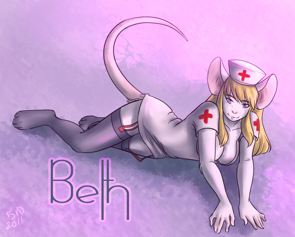 anthro beth_reyton blonde_hair breasts cleavage clothed clothing female fur hair legwear looking_at_viewer mammal mosa mouse nurse pinup pose rodent skimpy solo stockings tyu white_fur