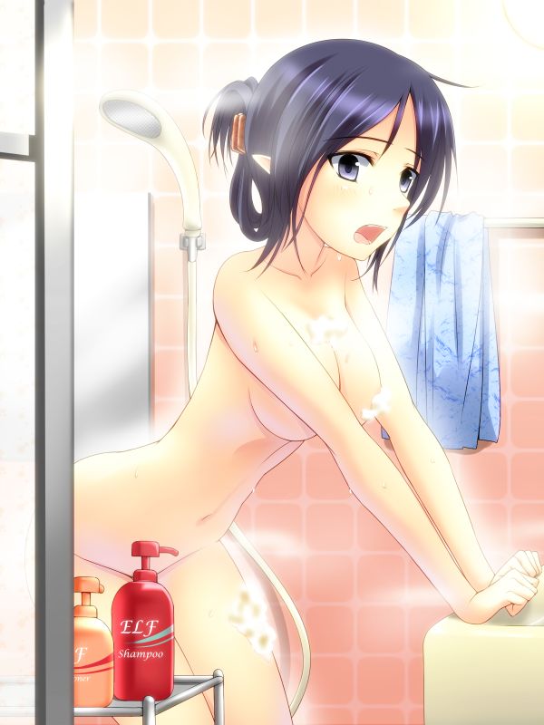 :o arm_support bangs bathing bathroom blue_eyes blue_hair blue_towel bottle breasts censored clenched_hands convenient_censoring cowboy_shot elf english folded_ponytail from_side gradient groin hair_ornament hair_up hairclip indoors kuurunaitsu large_breasts leaning_forward looking_at_viewer mirror navel nude open_mouth original parted_bangs pointy_ears shampoo shower_head sideboob soap_bottle soap_bubbles soap_censor solo steam tile_wall tiles towel v_arms wet
