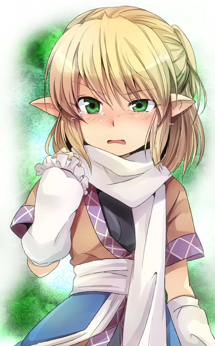 arm_up arm_warmers blonde_hair blush clenched_hand green_eyes marimo_danshaku mizuhashi_parsee open_mouth pointy_ears raised_eyebrow sash scarf shirt short_hair solo tears touhou uneven_eyes upper_body wavy_mouth