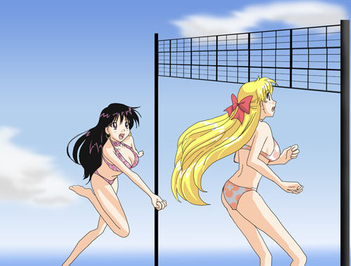 2girls aino_minako bikini bishoujo_senshi_sailor_moon hino_rei lowres mars multiple_girls swimsuit venus volleyball