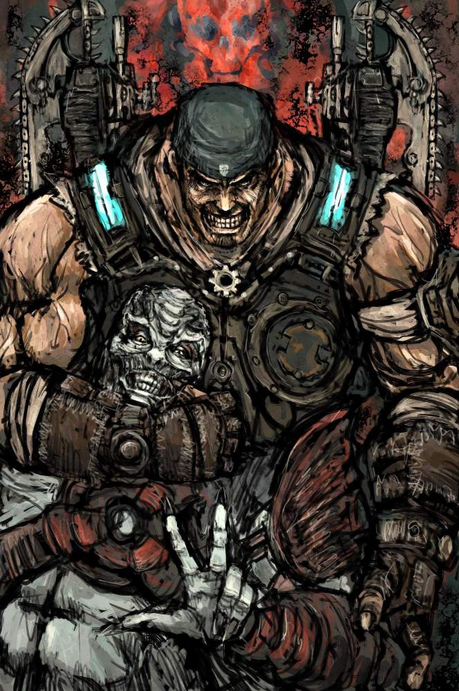 arm_around_neck armor bandana dog_tags evil_grin evil_smile gears_of_war gesture grin gun lancer_(weapon) locust_(gears_of_war) looking_at_viewer male_focus marcus_fenix monster_boy moto_murabito multiple_boys muscle smile v weapon