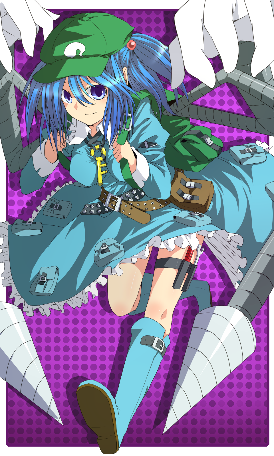 backpack bad_id bad_pixiv_id bag belt blue_eyes blue_hair boots drill hair_bobbles hair_ornament hat highres kawashiro_nitori key mechanical_arm pocket ruchi screwdriver short_hair solo touhou twintails two_side_up wrench