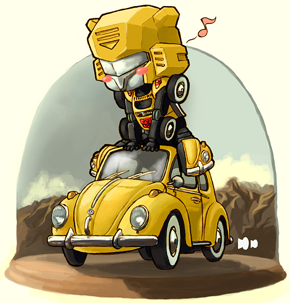 autobot bad_id bad_pixiv_id blush bumblebee car chibi ground_vehicle motor_vehicle musical_note no_humans oldschool riding robot science_fiction solo toriny transformers volkswagen volkswagen_beetle