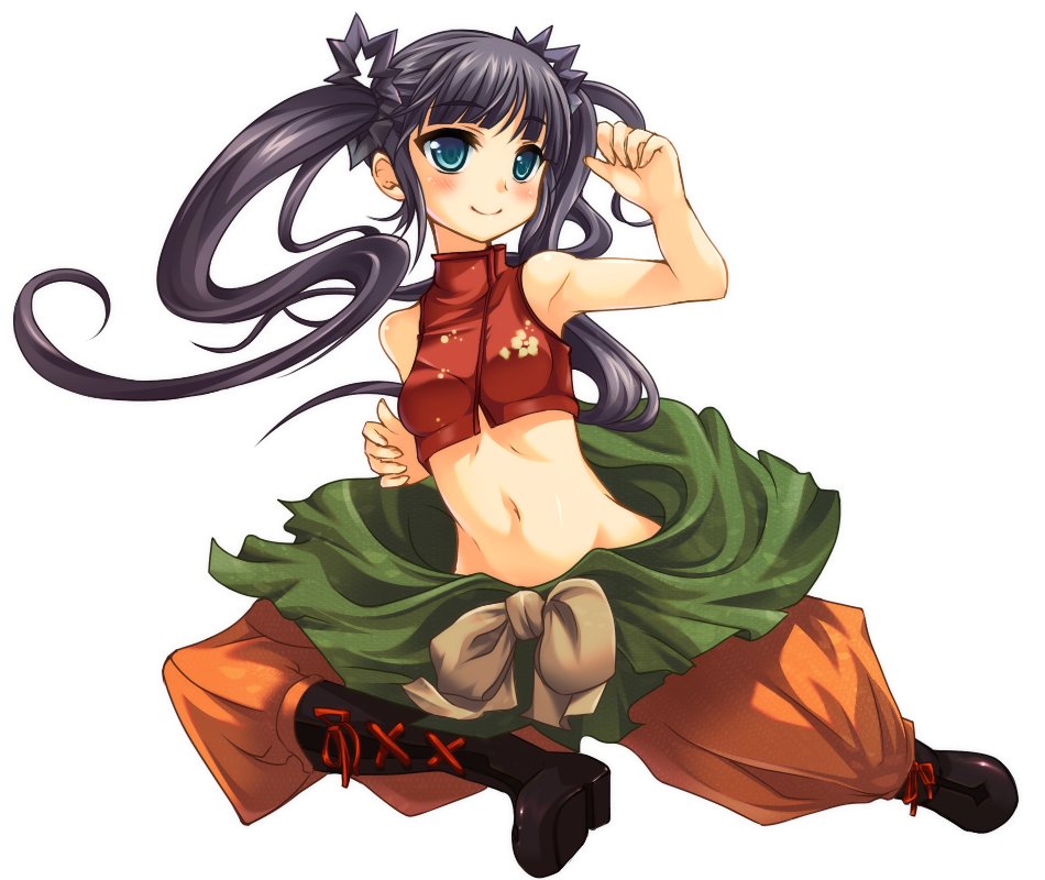 alternate_costume bad_id bad_pixiv_id black_hair blue_eyes boots de_so kicking midriff monk_(sekaiju) navel sekaiju_no_meikyuu solo twintails