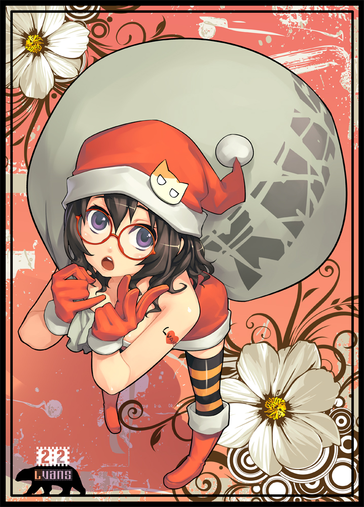 badge boots brown_hair button_badge christmas flower from_above glasses gloves hat heart lvans open_mouth original purple_eyes red_gloves sack santa_costume santa_hat short_hair solo striped striped_legwear tattoo thighhighs