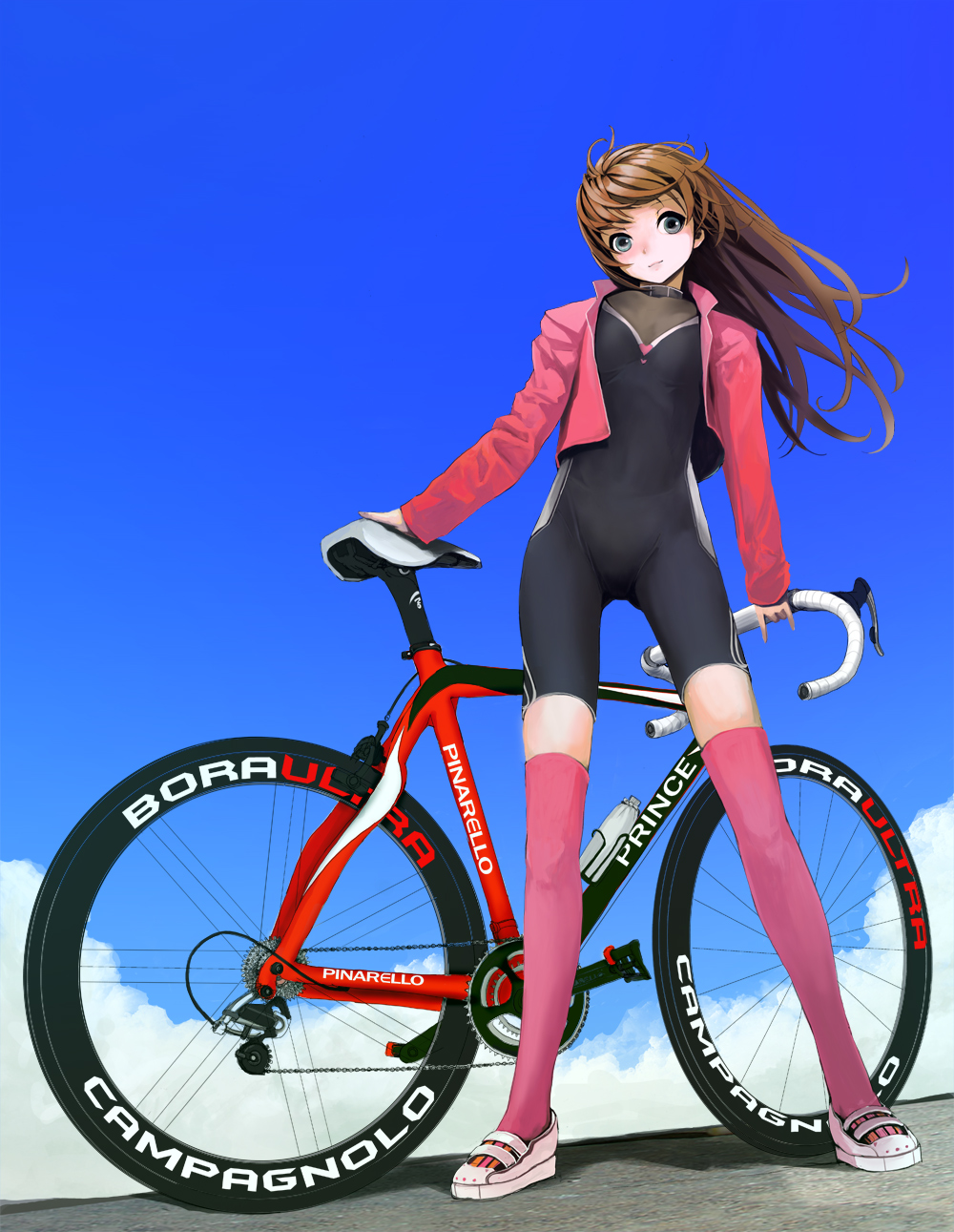 bicycle brown_hair cloud day ground_vehicle highres jacket long_hair nishinogi original skin_tight sky solo thighhighs