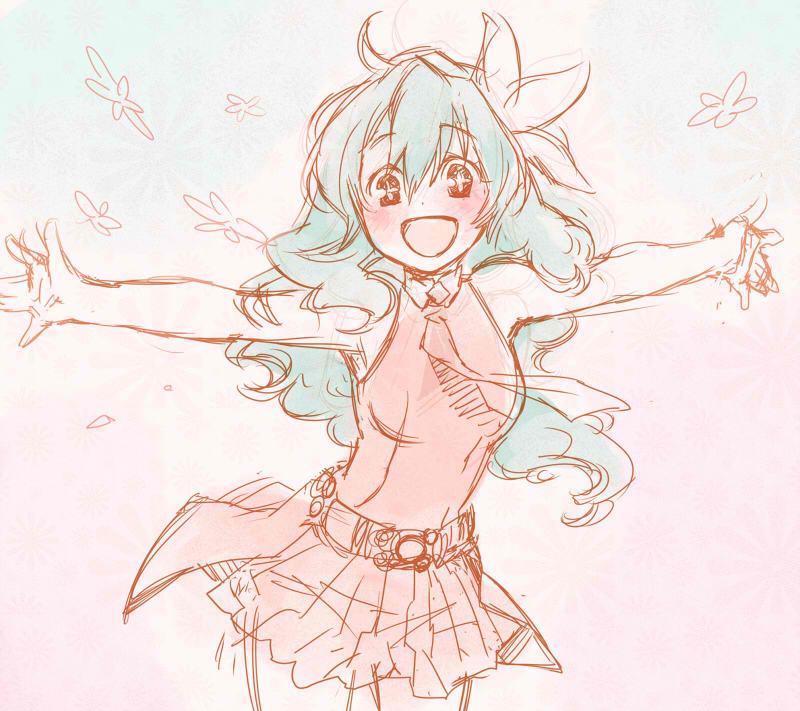 1girl :d bad_id bad_pixiv_id blue_hair cloud_hair flower hair_flower hair_ornament long_hair nia_teppelin open_mouth outstretched_arms pink_skirt sketch skirt smile solo spread_arms suga_koharu tengen_toppa_gurren_lagann