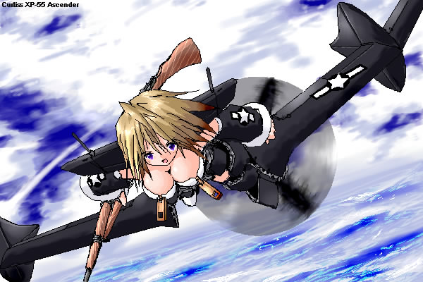 aircraft airplane blonde_hair breasts detached_sleeves gun large_breasts mecha_musume military ocean oekaki open_mouth original rifle sky solo weapon world_war_ii xp-55 yonezuka_ryou