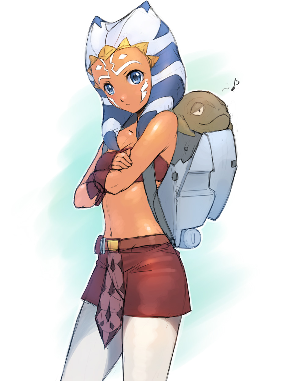 ahsoka_tano alien backpack bag bandeau bare_shoulders belt black_skirt blue_eyes breasts carrying cleavage crossed_arms facial_mark fingerless_gloves forehead_mark frown gloves highres loincloth looking_at_viewer looking_back midriff miniskirt musical_note navel orange_skin pantyhose profile rotta_the_hutt size_difference skirt small_breasts standing star_wars star_wars:_the_clone_wars striped tentacle_hair togruta uchiu_kazuma white_legwear wrist_cuffs