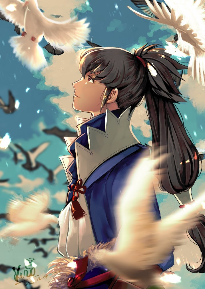 animal bird black_hair blue_sky fire_emblem fire_emblem_if japanese_clothes kero_sweet looking_up nintendo ponytail red_eyes sky smile takumi_(fire_emblem_if)