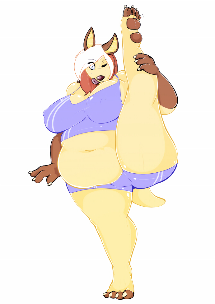 anthro big_breasts breasts canine chubby cleavage clothed clothing dripdry female flexible hair_over_eye herro hindpaw mammal milf mother nipples one_eye_closed parent paws raised_leg ritts shiny shirt shorts solo stretching sweat tongue tongue_out