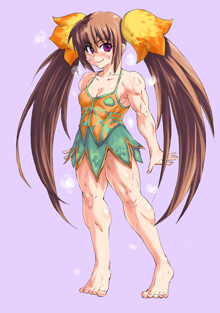 1girl barefoot breasts brown_hair buchou_chinke character_request feet long_hair looking_at_viewer luminous_arc muscle muscular_female odor potpourri(luminous_arc_2) potpourri_(luminous_arc) purple_eyes shd small_breasts smell smile solo standing sweat toes twintails