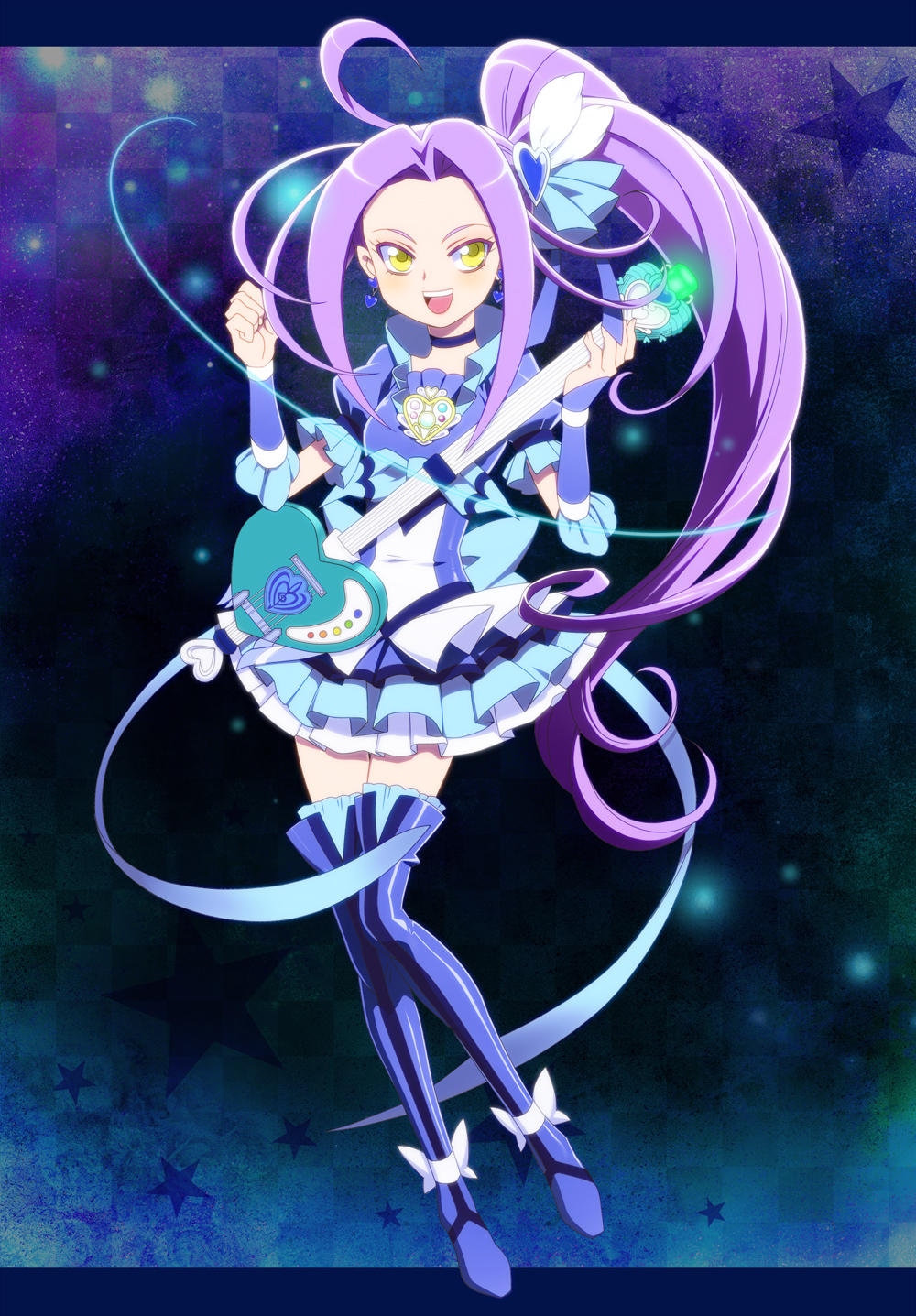 :d ahoge aqua_skirt back_bow bad_id bad_pixiv_id bangs blue blue_background blue_choker blue_footwear blue_legwear boots bow brooch choker cure_beat dress earrings eyelashes frills full_body g-clef_(suite_precure) gathers guitar hair_ornament hair_ribbon hairpin happy heart highres instrument jewelry kurokawa_eren layered_skirt letterboxed long_hair love_guitar_rod magical_girl miniskirt open_mouth parted_bangs pleated_skirt precure purple_hair ribbon seiren_(suite_precure) side_ponytail skirt smile solo souma_kira star suite_precure thigh_boots thighhighs wrist_cuffs yellow_eyes zettai_ryouiki