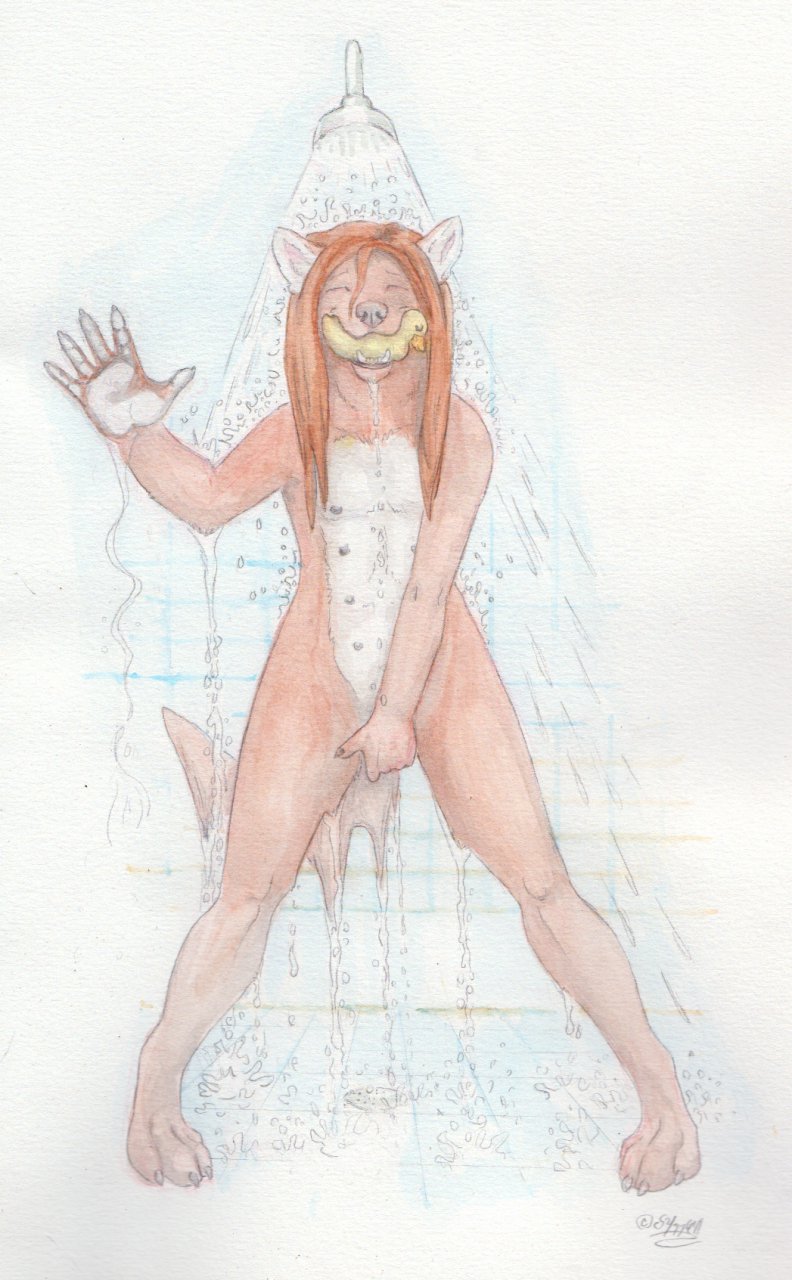 2011 bowmanswolf breasts brown_hair canine eyes_closed female florence_ambrose freefall hair masturbation multi_breast rubber_duck shower solo wet windpaw