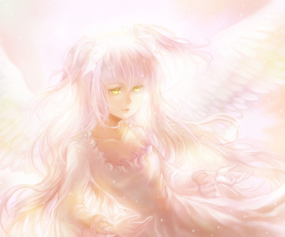 bow dress fwd gloves hair_bow kaname_madoka long_hair magical_girl mahou_shoujo_madoka_magica pale_color solo spoilers ultimate_madoka very_long_hair wings yellow_eyes