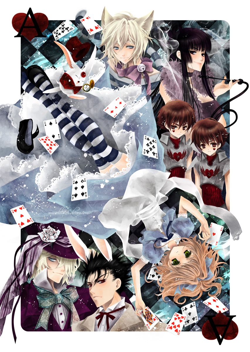 5boys alexa_pasztor alice_(wonderland) alice_in_wonderland animal_ears black_hair blonde_hair bow brown_hair bunny_ears card cat_ears caterpillar_(wonderland) cheshire_cat cosplay falling_card fay_d_flourite flower green_eyes highres holding holding_card ichihara_yuuko kurogane_(tsubasa_chronicle) li_"xiaolang" mad_hatter march_hare mokona multiple_boys multiple_girls petticoat pocket_watch red_eyes rose sakura_hime shoes single_shoe striped striped_legwear thighhighs tsubasa_chronicle tweedledee tweedledum watch white_flower white_rabbit white_rose xiaolang