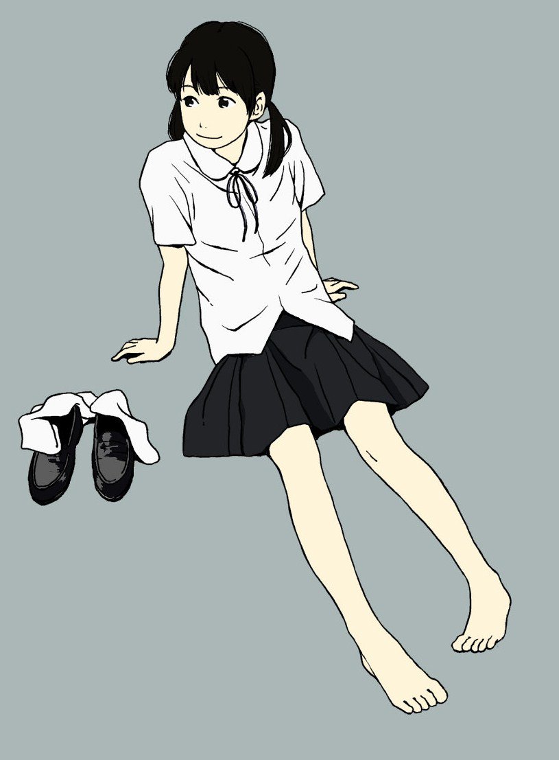 1girl arm_support barefoot black_footwear black_neckwear black_ribbon black_skirt closed_mouth collared_shirt commentary_request full_body hosoo leaning_back loafers looking_to_the_side low_twintails neck_ribbon original pleated_skirt ribbon shirt shoes sitting skirt smile socks socks_removed solo twintails white_legwear white_shirt