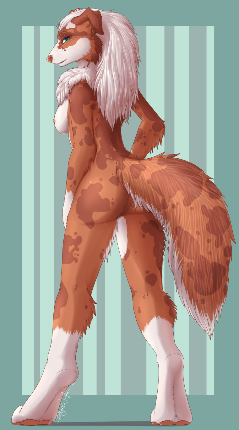 abstract_background back back_turned blue_eyes border_collie breasts butt canine chest_tuft dog female fur gloves_(marking) hair looking_at_viewer looking_back mammal markings nipples nude ryunwoofie socks_(marking) solo spots standing tail tuft white_hair