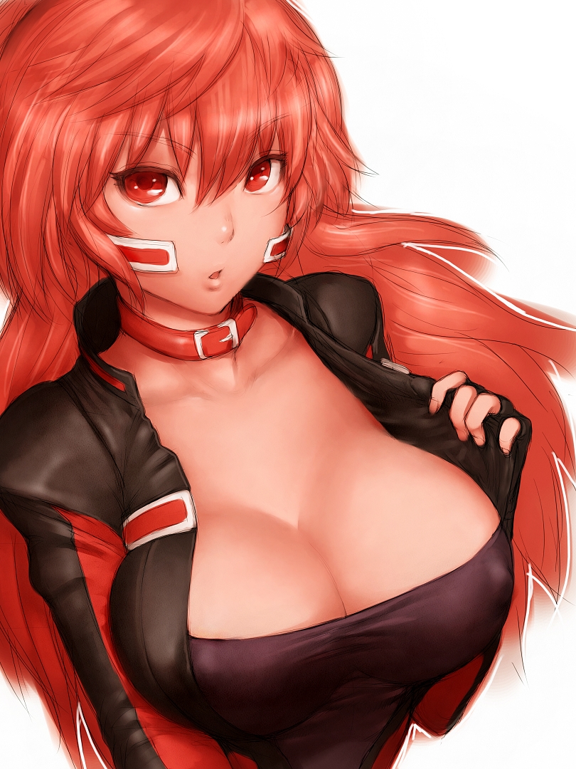 :o breasts cleavage collar covered_nipples fingerless_gloves fumio_(rsqkr) gloves hidaka_aoi jacket juusou_kikou_dancouga_nova large_breasts lips long_hair looking_at_viewer red_eyes red_hair solo upper_body