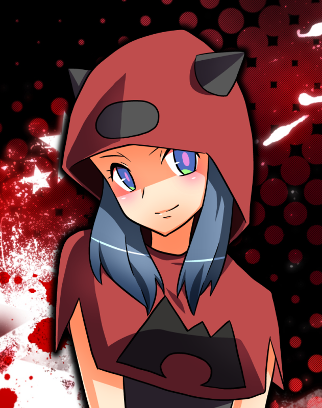 bad_id bad_pixiv_id bazumi blue_eyes blue_hair hood horns looking_at_viewer multicolored multicolored_eyes pokemon pokemon_(game) pokemon_rse red smile solo team_magma team_magma_grunt upper_body