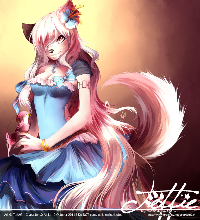 2011 airlia avian bird black_nose bow bracelet breasts canine claws cleavage clothed clothing dress female flower fluffy_tail fox hair jewelry long_hair looking_at_viewer smile tail tofu93 white white_hair