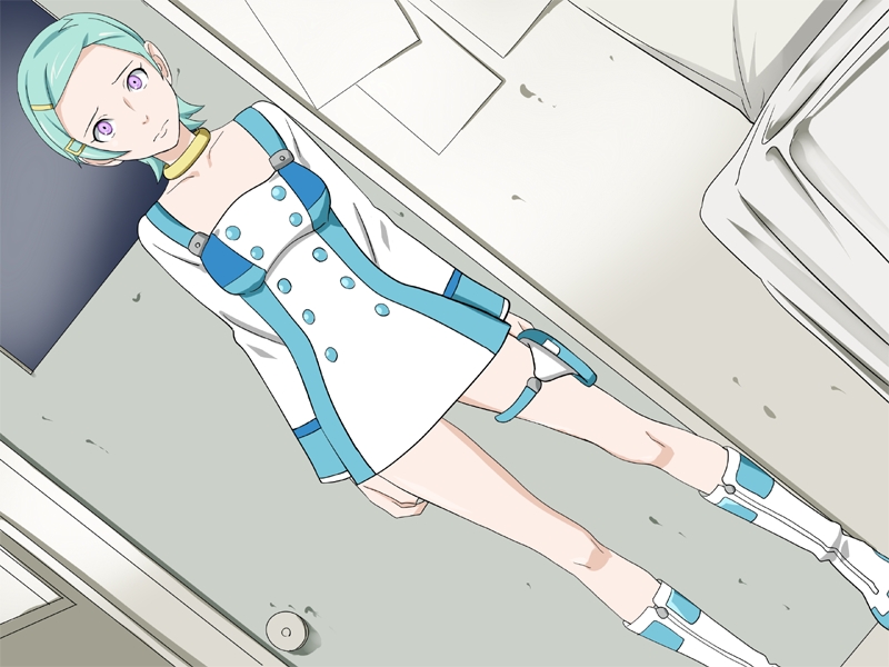aqua_hair blue_hair breasts cleavage collar dress eureka eureka_7 eureka_seven eureka_seven_(series) frown indoors inside jewelry necklace pose pov purple_eyes room short_hair skirt small_breasts teal_hair violet_eyes
