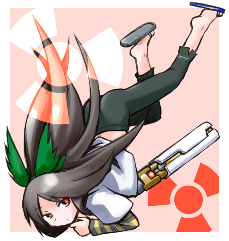 alternate_costume alternate_weapon arm_cannon barefoot bow brown_hair casual hair_bow kugelschreiber long_hair red_eyes reiuji_utsuho sandals solo touhou weapon