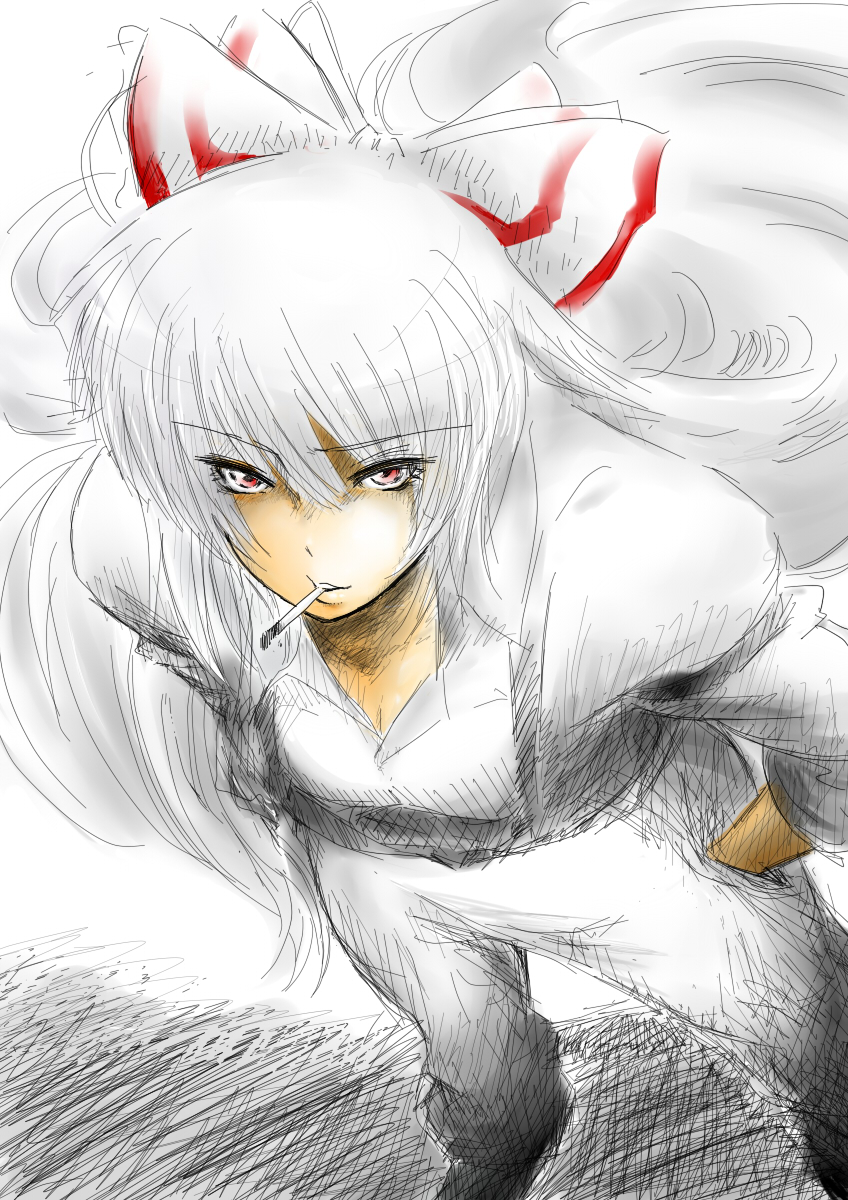 cigarette from_above fujiwara_no_mokou grey hand_in_pocket highres sketch solo tobisawa touhou