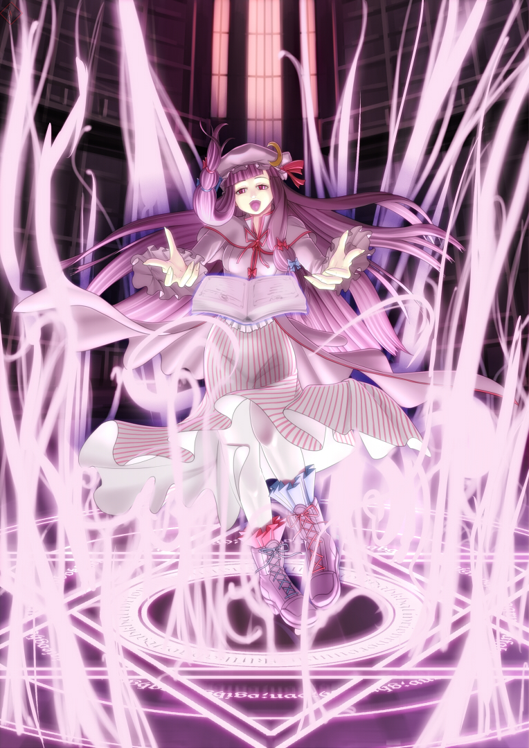 book crescent hat hexagram library magic_circle open_mouth patchouli_knowledge purple_hair raybar solo touhou voile window